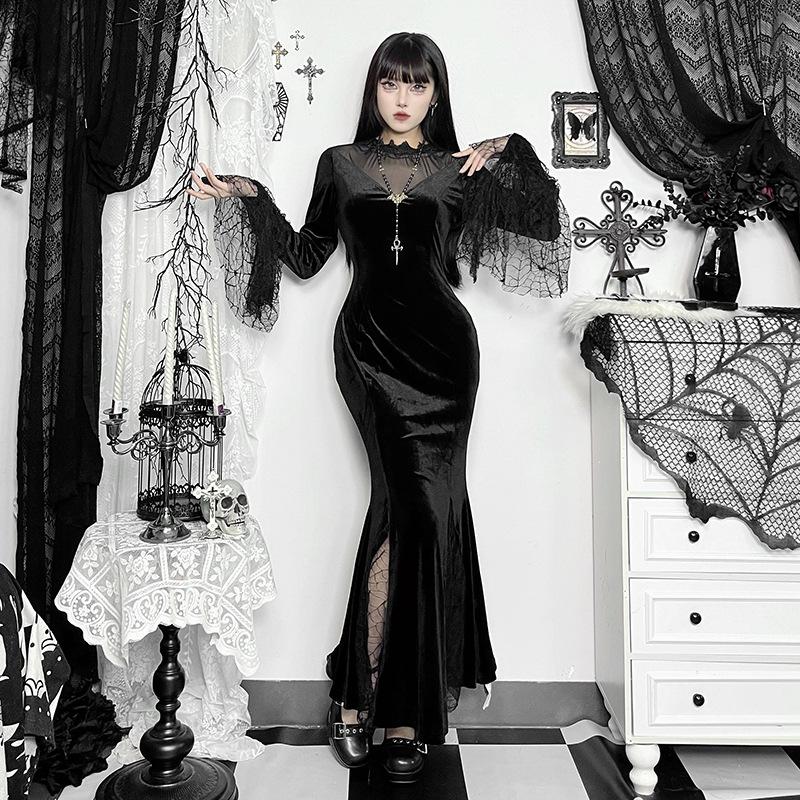 AltGoth Gothic Dark Halloween Velvet Dress Women Vintage Fairy Grunge Lace Patchwork Flare Sleeve High Waist Evening Party Dress