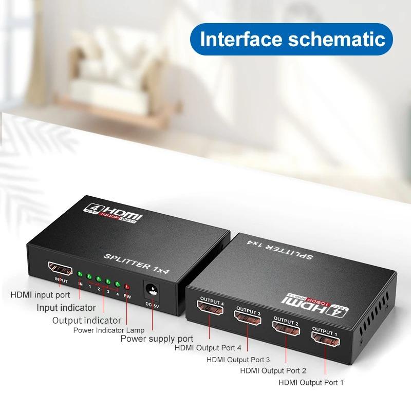4K 2K HDMI-Compatible Splitter HDMI 1 in 4 Out Video Switcher Cable Adapter Hub For PS4 Laptop Monitor TV Box Projector