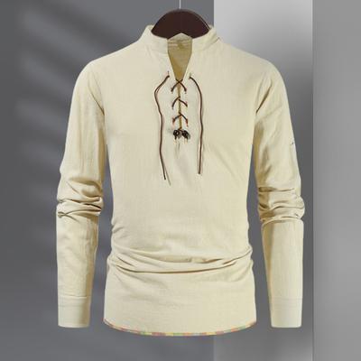 Spring Autumn Men Shirt Lace-up Stand Collar Long Sleeves Solid Color Loose