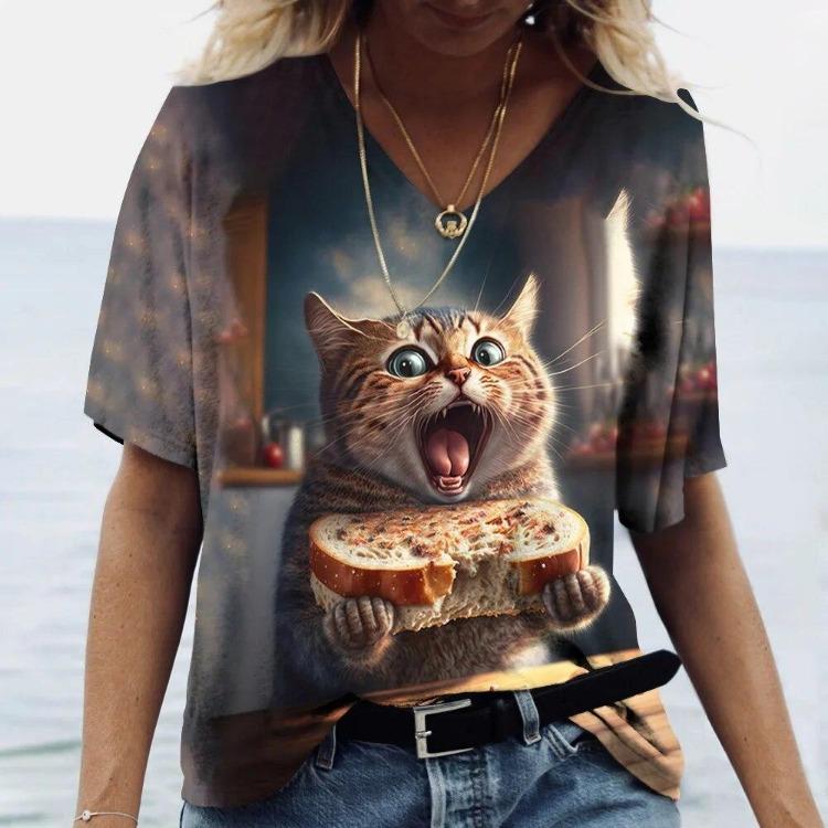 Women's Kawaii Cat Print 3D T Shirt Short Sleeve V Neck Tees Casual Holiday Top Female T Shirt