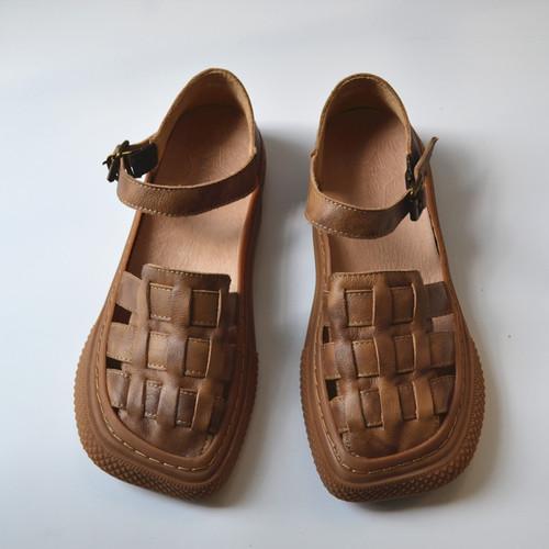 

Модні жіночі босоніжки на плоскій підошві з натуральної шкіри з коров ячої шкіри Жіноче взуття Здорове дихаюче літнє ретро ручної роботи коричневого плетіння 38 світло-коричневого кольору
