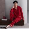 Męski Czerwony Bawełniany Zestaw Piżamowy - Długi Rękaw, Długie Spodnie, Casualowa Odzież Domowa na Jesień/Wiosnę. Nadaje się do noszenia na zewnątrz.