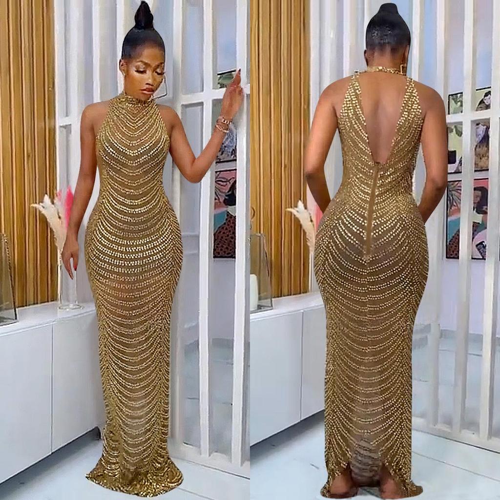 X5259 European Fashion Sexy Rhinestone Backless Nightclub Party Dress - See-through Long Dress for Women