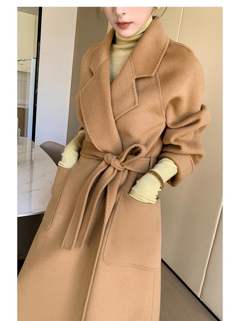 Damenwollmantel doppelseitig mit Bindegürtel: Herbst/Winter, 100% Wolle, Überknielang, Lockere Passform