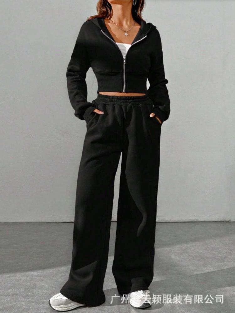 

Женский бежевый повседневный худи на молнии с капюшоном и комплект широких брюк для отдыха M чёрный