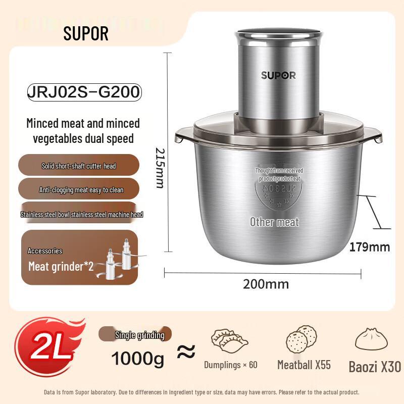 SUPOR 2L Stainless Steel Electric Meat Grinder & Food Processor CN plug (adapter included)