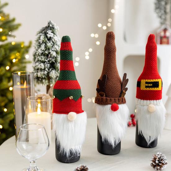 Christmas Wine Bottle Cover Knitted Plush Gnome Wine Bottle Topper Cover for Christmas Dining Table Decor New Year Party Supplies
