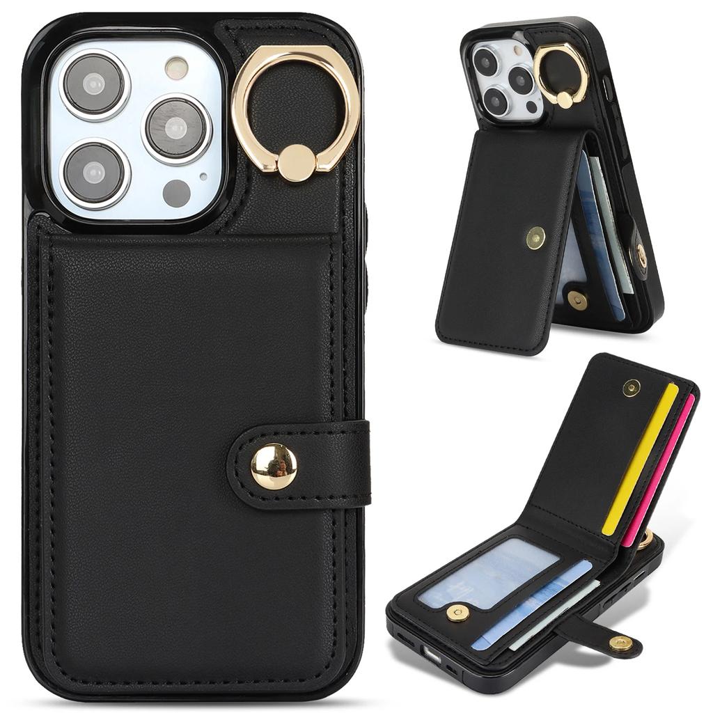 Ring Holder Vertical Cards Solt Leather Wallet Case For iPhone 15 Pro Max 14 Plus 13 12 11 XR XS 7 8 SE 2022 Stand Bag Cover