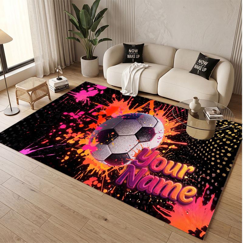 Fußball-Thema Weicher Kristall-Samt Teppich Benutzerdefinierter Name & Text Druck Rutschfester Boden Teppich für Schlafzimmer Wohnzimmer