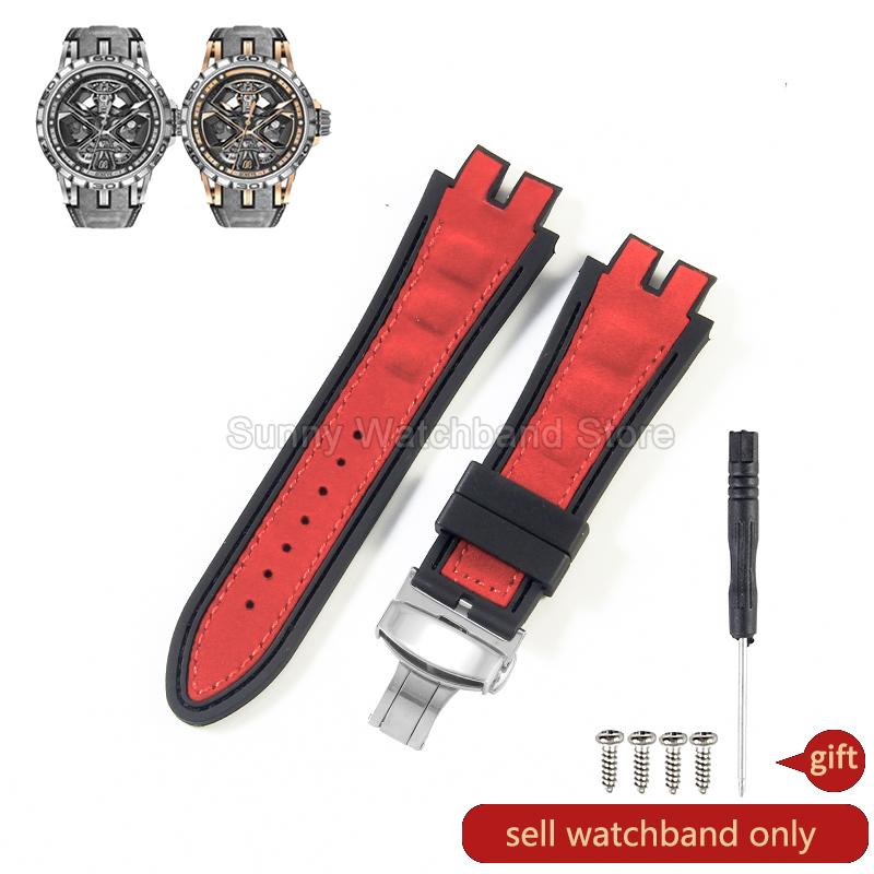 19x28mm Black Blue Red for Roger Dubuis EXCALIBUR Genuine Leather Watch Strap Special Interface Supple Moisture Wicking Design
