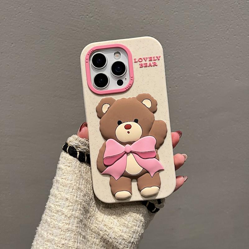 Lovely Pink Bowknot Bear Soft Silicone Case For iPhone 13 14 15 16 Pro Max Cartoon Cute Shockproof Protective Phone Cover