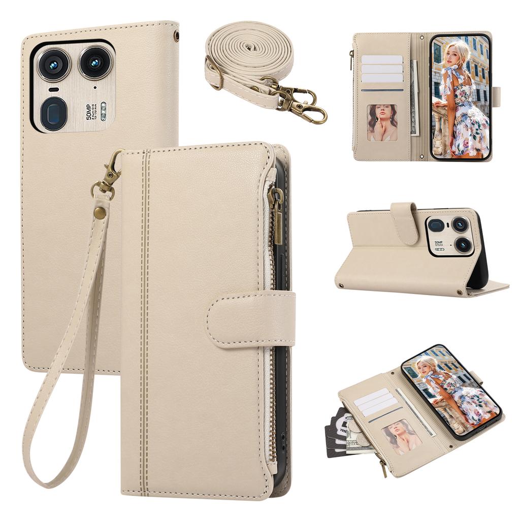 Für Motorola Edge 50 Ultra 5G/Moto X50 Ultra 5G Hülle Mehrere Kartenfächer Reißverschluss Leder Handyhülle mit Schultergurt/Handschlaufe