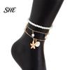 Bohemian Anklet Beach for Women, Starfish Shell Fish Tail Pendant Boho Jewelry Bracelet, Layered Faux Pearl Foot Chain Summer Vacation Charm