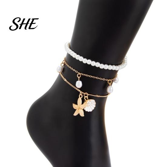 Bohemian Anklet Beach for Women, Starfish Shell Fish Tail Pendant Boho Jewelry Bracelet, Layered Faux Pearl Foot Chain Summer Vacation Charm