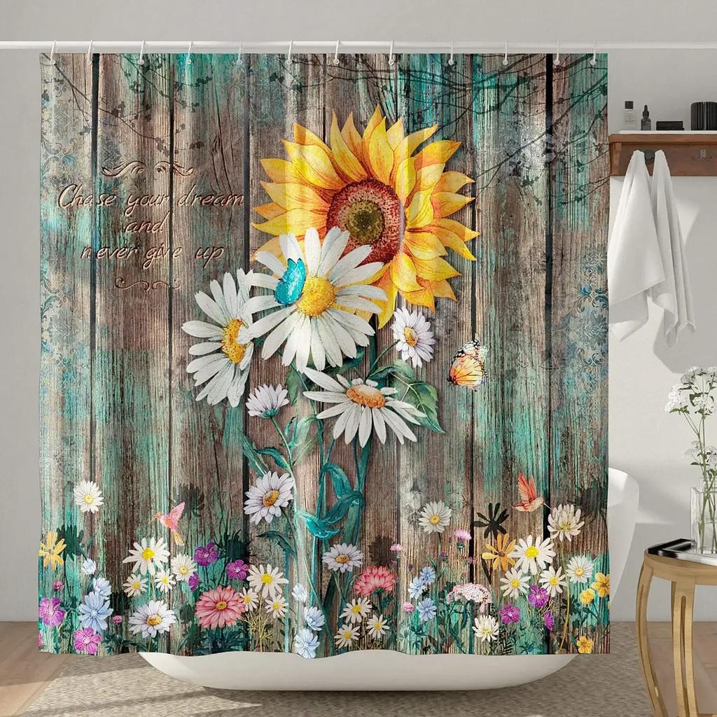 Farmhouse Rustic Shower Curtain Sunflower Autumn Floral Flower On Rural Barn Wooden Fabric Bathroom Curtains with Hooks Sets