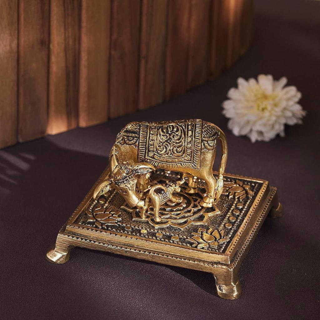 Brass Kamadhenu Kamdhenu Cow with Calf Idol, Small 2" Murti, Vastu Decor for Wealth, Health, Peace & Happiness Detailing & Light Weight