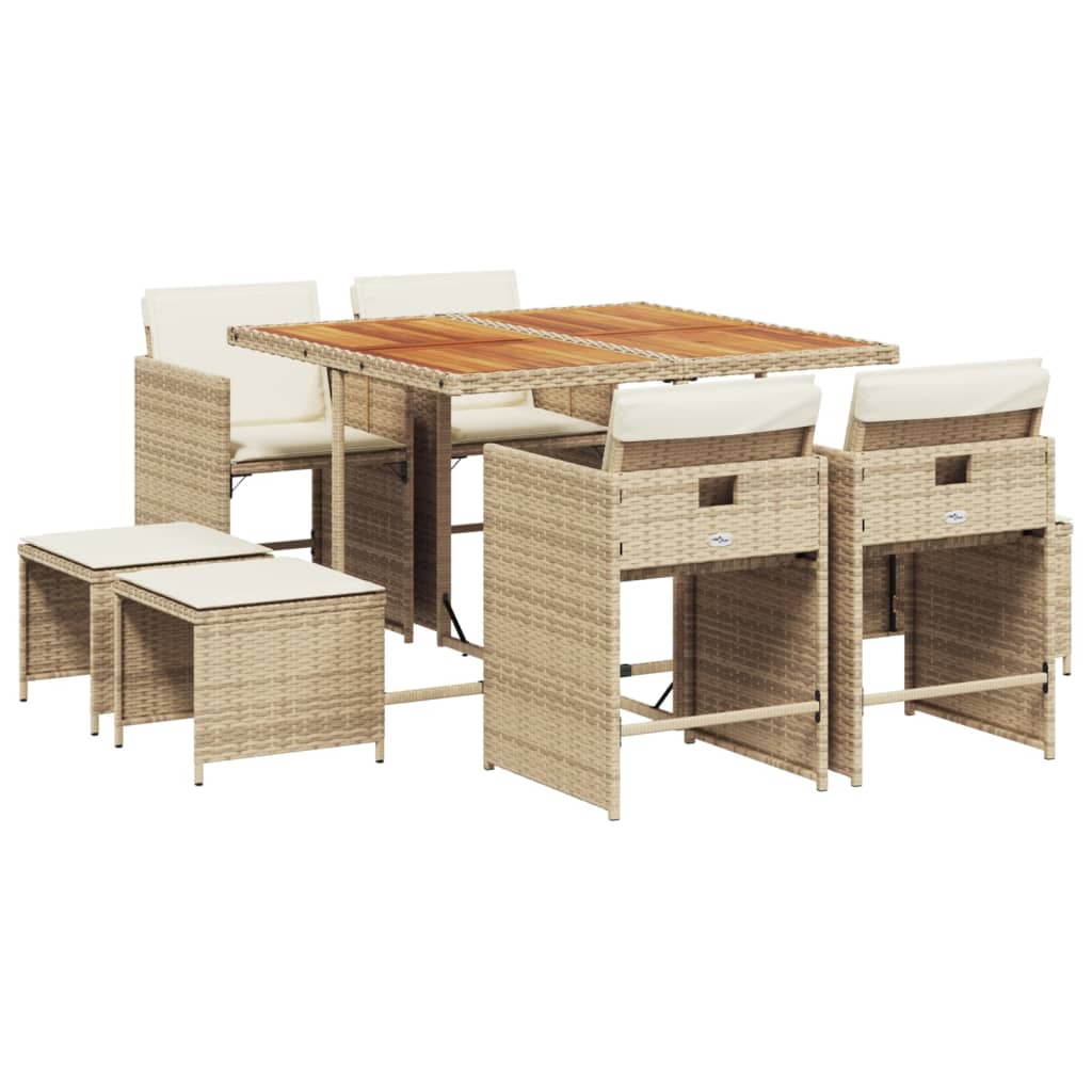 Vidaxl 9-Cz. Garden Furniture Set With Cushions, Beige, Poly Rattan