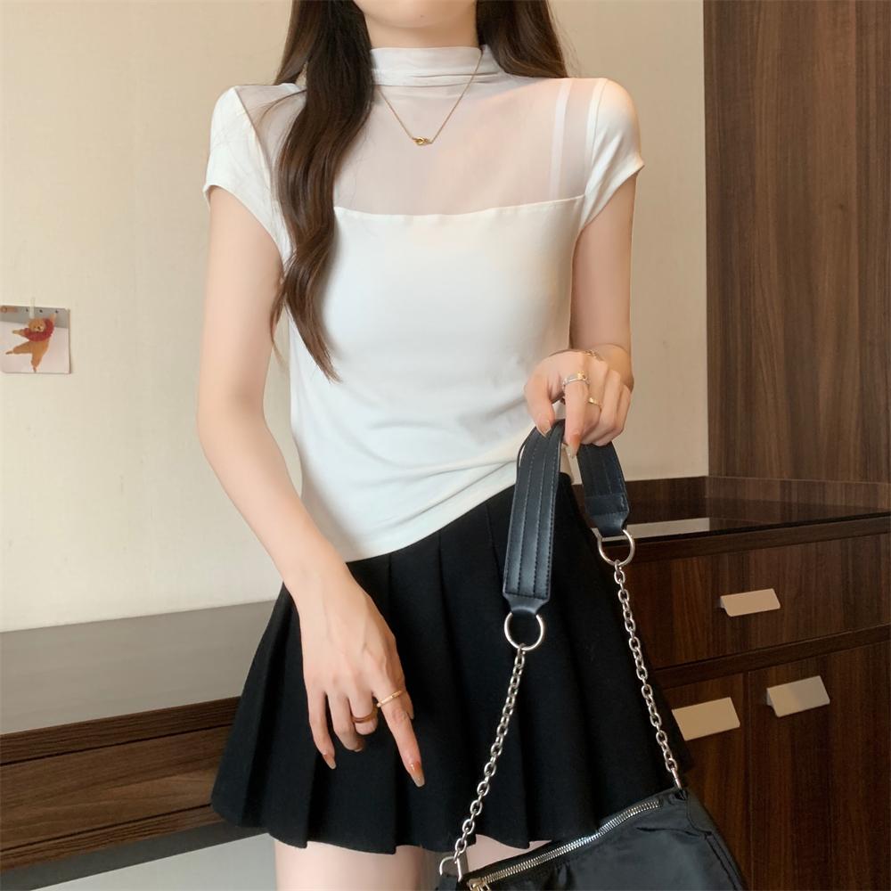 Summer Pure Cotton Mesh Splicing T Shirt for Women Solid O-neck Short Sleeve T-shirts Perspective Slim Elastic Skinny Black Tops