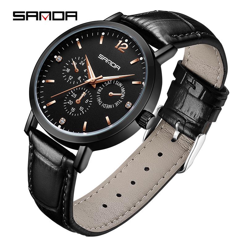 Sanda Waterproof Six-Hand Quartz Wristwatch, Luminous Hands, Unisex for Business and Casual Wear