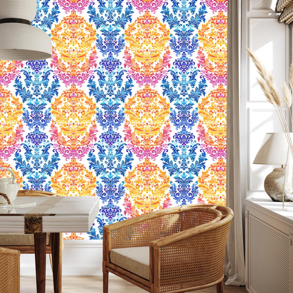 Baroque Damask Wallpaper Cream, Blue and Azure 50x1000