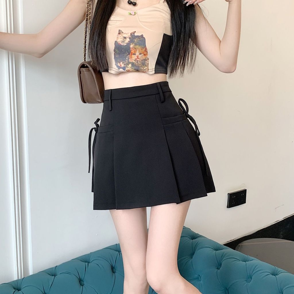 Polyester Pleated Mini Skirt For Women With High Waist And Tie Detail For Casual Summer Wear