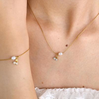 WILD & FREE Exquisite Stainless Steel Pendant Necklace for Women Crystal Cherry Charm Bracelet 18K Gold Plated Trendy Zircon