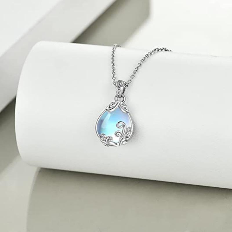 Charm Female Crystal White Moonstone Water Drop Pendant Necklace Vintage Silver Color Wedding  For Women