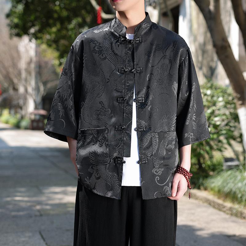 Chinese style ice silk seven-quarter-sleeved shirt men's Tang suit buckle Hanfu large size printed short-sleeved shirt ethnic style