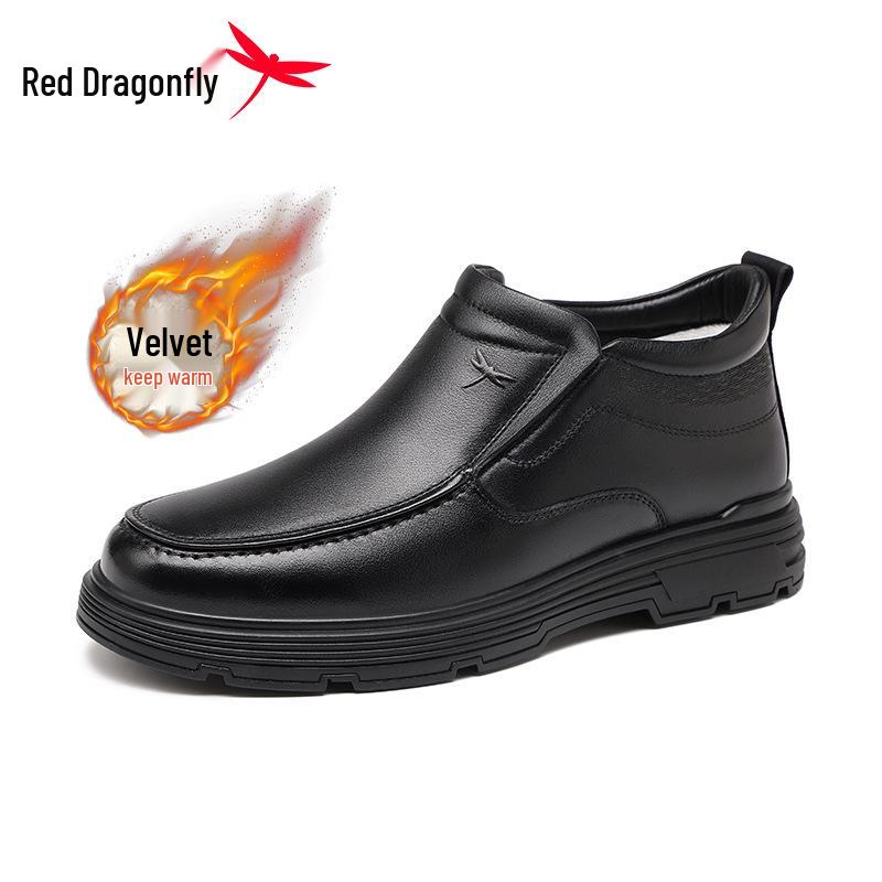 Red Dragonfly Men s High-Top Leather Winter Casual Shoes - Thickened Fleece, Genuine Cowhide. 38