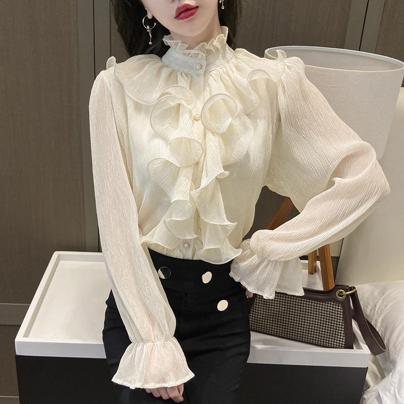 Spring and Autumn Ruffled Long-sleeved Chiffon Shirt Comfortable Solid Color Commuter Shirt