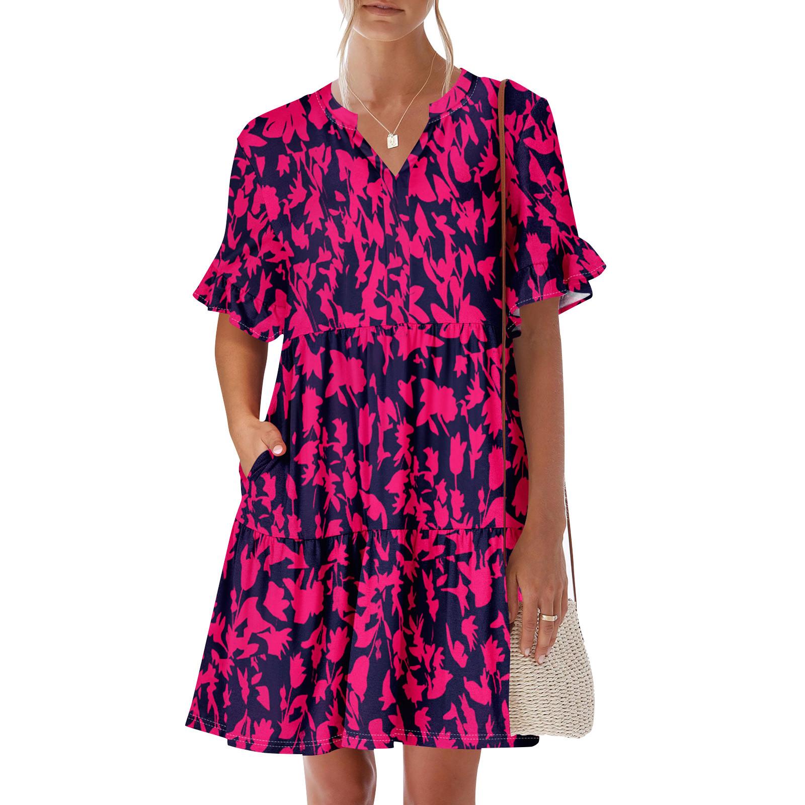 

Женское летнее платье с коротким рукавом и V-образным вырезом, короткие платья, модное повседневное струящееся платье в стиле бохо с оборками и карманами XL