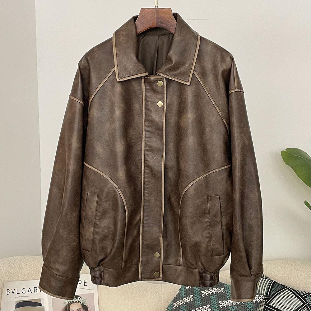 OFTBUY Women Vintage Loose Pu Faux Leather Short Jacket Pockets Motorcycle Jacket Female Zipper Retro Moto Biker Coat Outwear Tops