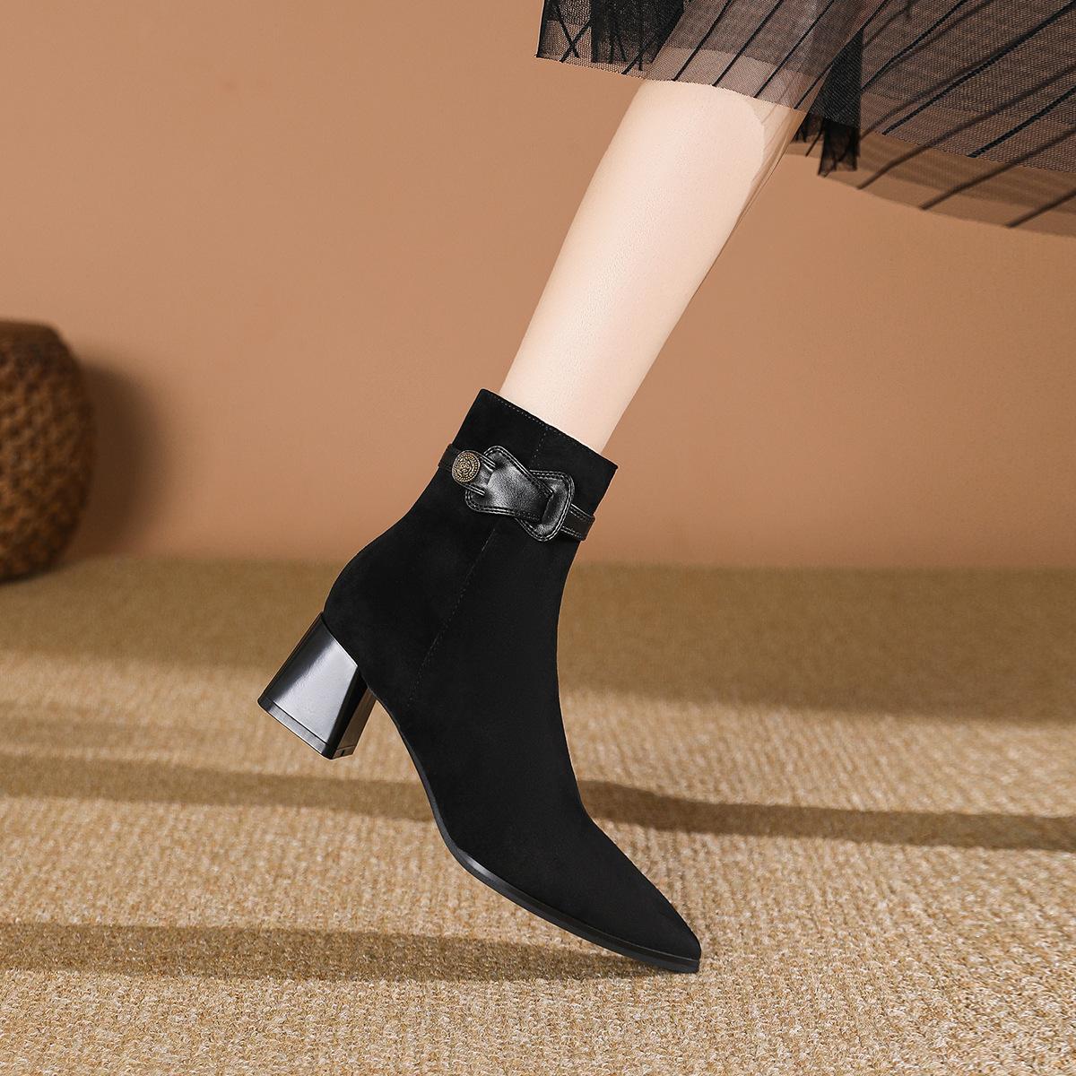 

Короткие заостренные сапоги женские новинка весна-осень 2024 года одинарные сапоги черные замшевые сапоги на высоком каблуке средней высоты французские сапоги на тонком толстом каблуке 34 чёрный