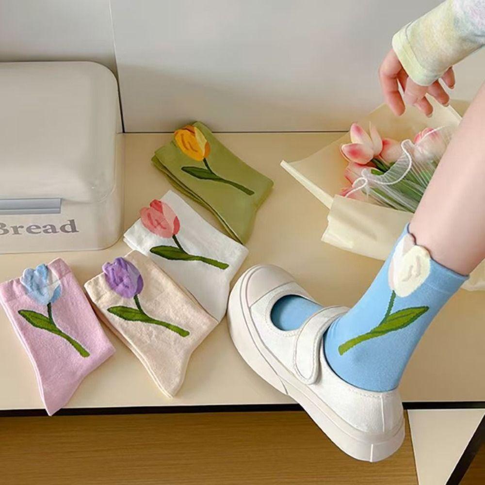 5Pairs Sweet Tulip Flower Socks Thin Socks for Women Soft Mid Tube Socks  Lady