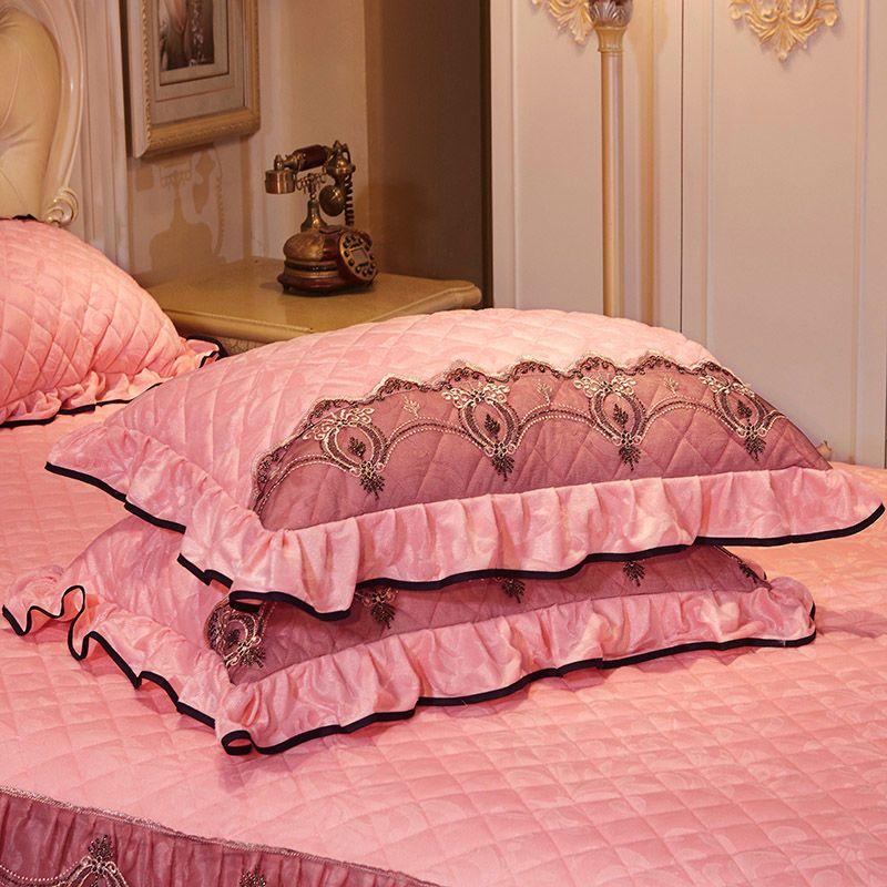 2pcs Quilted Lace Pillow Case Cover Velvet Home Decorative Rectangle Pillow Sham Winter Warm Soft