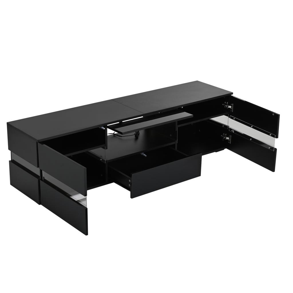 Moderní lesklá TV skříňka, 160x39x45 cm, s LED osvětlením, 2 dveře, 1 zásuvka, otevřená přihrádka, vhodná pro 70palcové televize