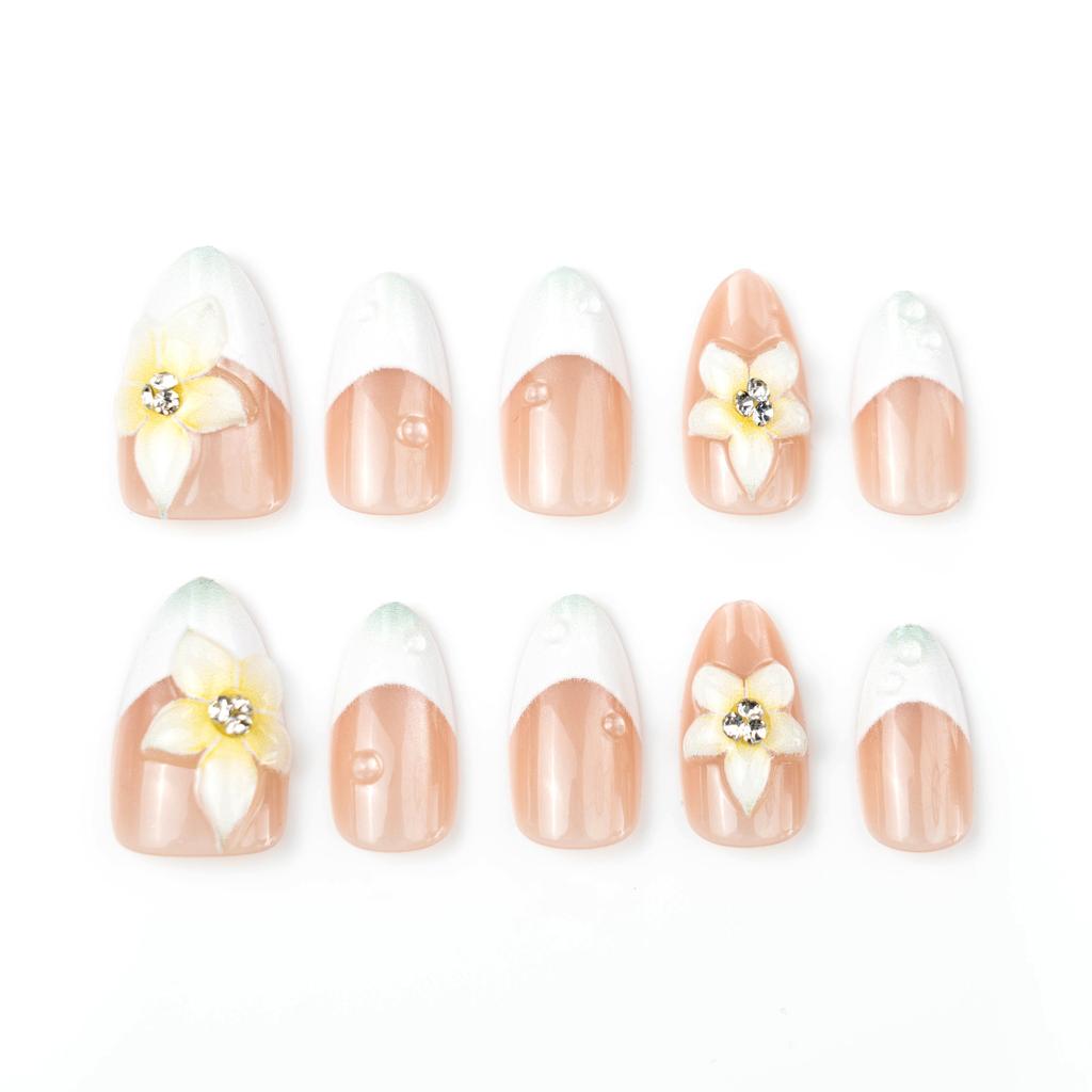 30 pieces of white French ultra-short almond cat eye wearing nail 3d three-dimensional flower advanced manual point diamond nail art