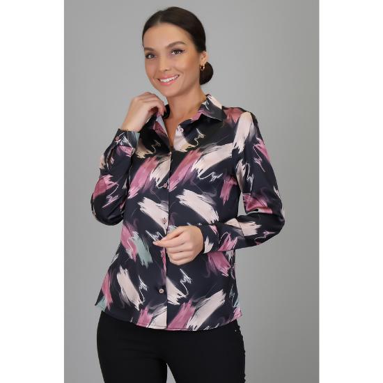 Koszula damska z długim rękawem z satyny Lycra w kolorze różowo-beżowym, wzorzysta DK 1009