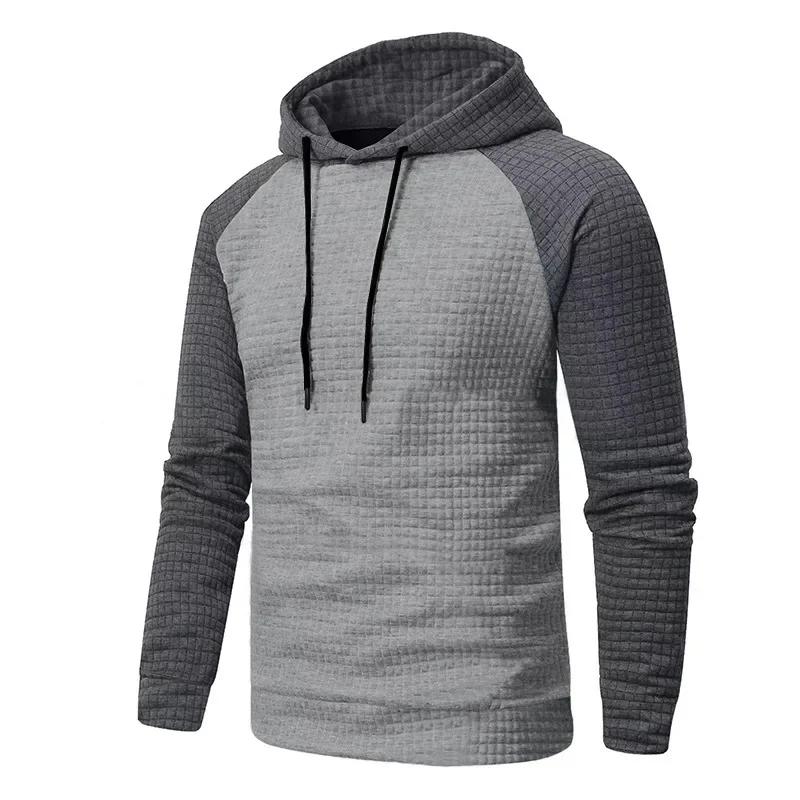 Men's Casual Patchwork Color Small Square Grid Hoodie Slim Fit Top Winter Round Neck Sweatshirts