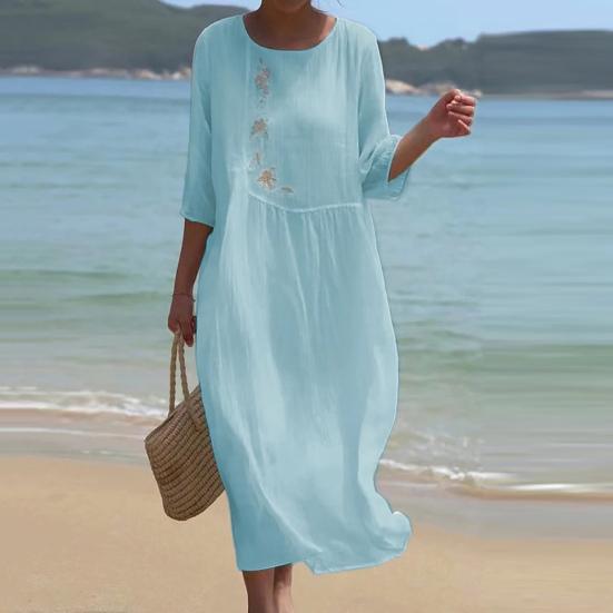 Damen Frühling Herbst Kleid Blumenstickerei Rundhalsausschnitt Dreiviertelarm Locker Midikalb