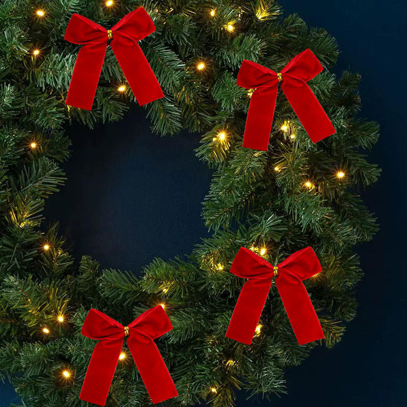 Red Velvet Bow Xmas Tree Pendant Xmas Tree Pendant Wedding New Year Party Decor DIY Gift Box Wrapping Christmas Bow