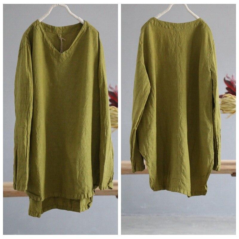 Johnature Women T-Shirts Loose Linen Solid Color Vintage Flax Spring Solid Color V-Neck Long Sleeve Loose T-Shirts