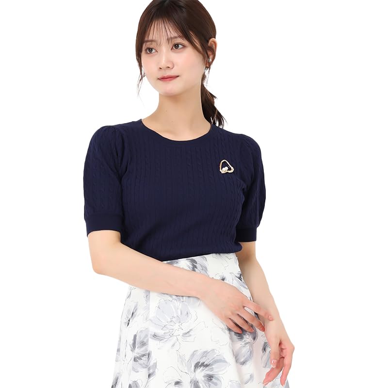 Mishmash Short Sleeve Cable Knit Sweater with Perfect for Office Casual or Basic and Navy Women's Brooch, Outings, Simple,