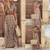 Womens Fashion Bohemian V Neck Print Short Sleeve Big Swing Long Dress Include Belt