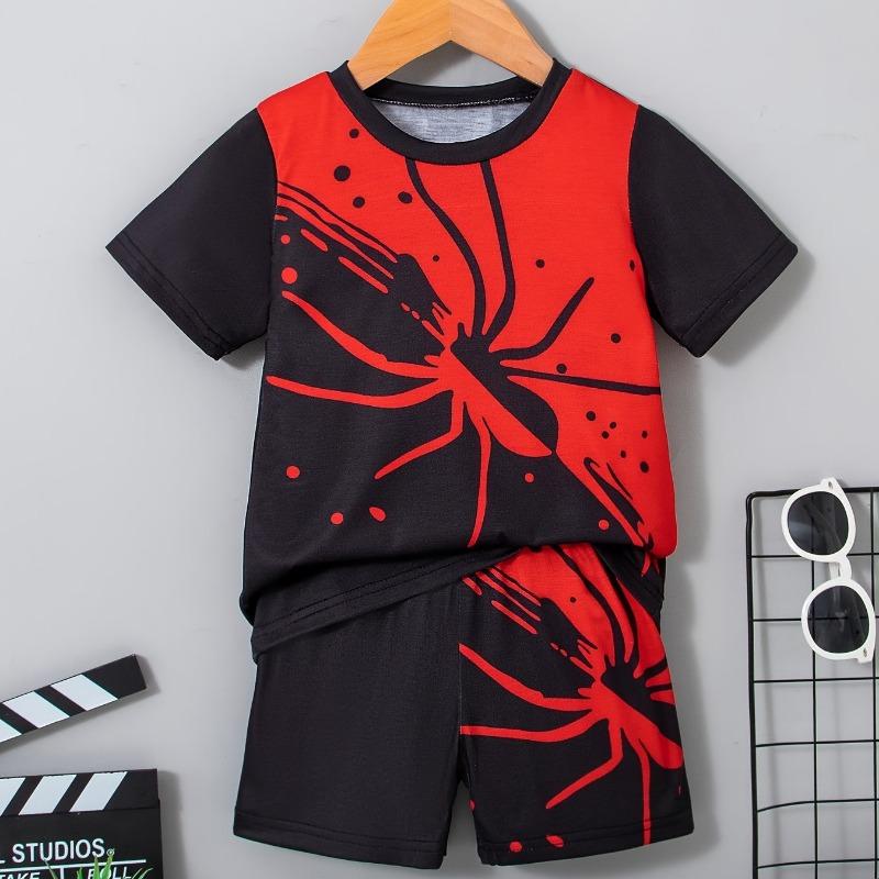 Men Clothes 2pcs Boys Fun Cartoon Bear Print Short Sleeve T-Shirt Shorts Set Summer Active Boys Complete Stylish Look