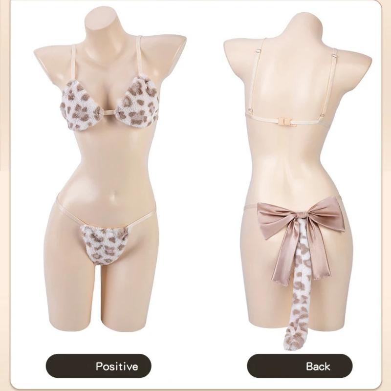 Kawaii Cat Woman Costume Lingerie Cosplay Sexy Naughty Leopard Fuzzy Bra Panties Bikini Uniform Roleplay Set