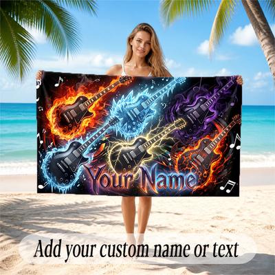 Music Guitar Theme Beach Towel Personalized Custom Name & Text Soft Quick Dry Beach Towel for Swimming Travel
