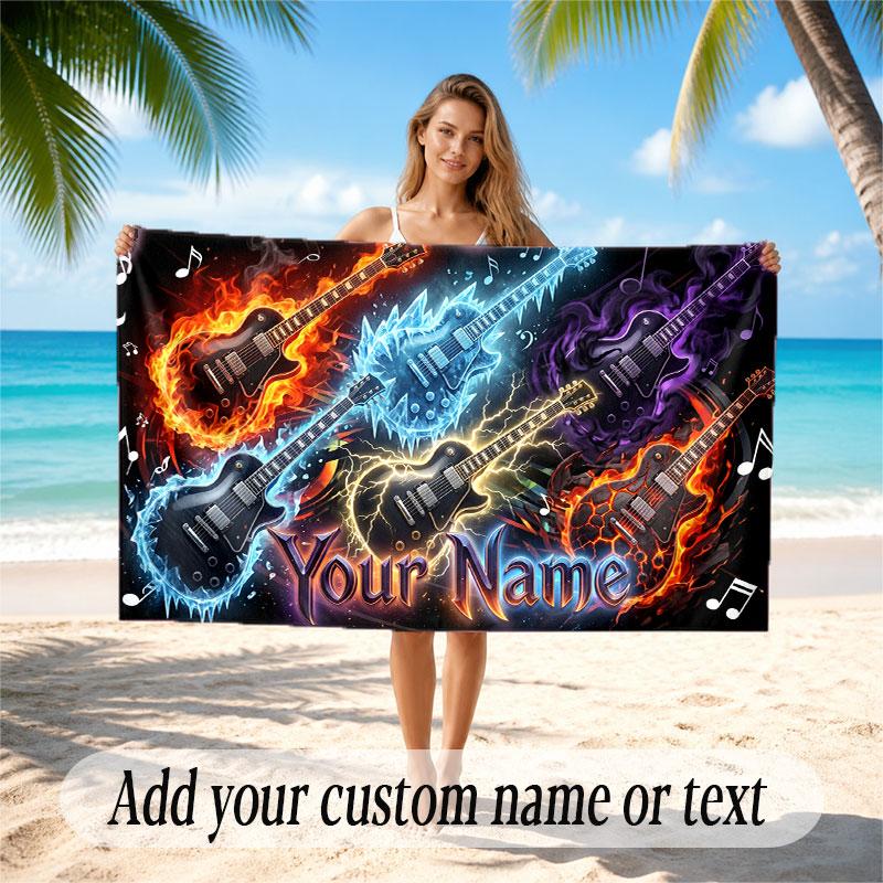 Music Guitar Theme Beach Towel Personalized Custom Name & Text Soft Quick Dry Beach Towel for Swimming Travel