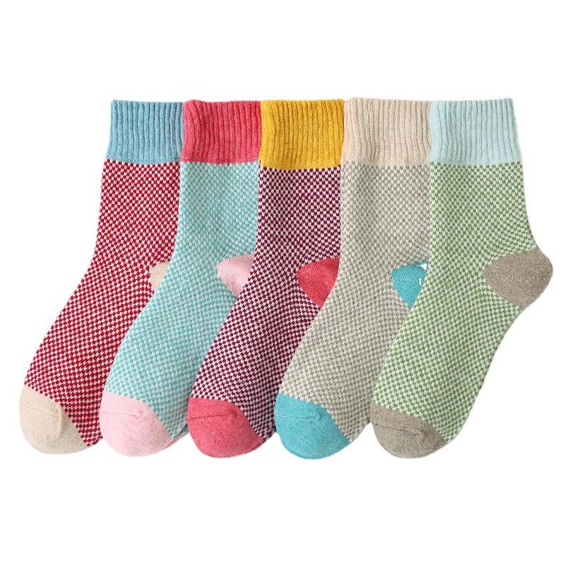 5/10 Pairs Comfortable Casual and Versatile Women's Double Layer Small Checkered Wool Socks Women's Socks Autumn Winter Thickened Warm Socks