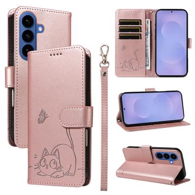 Magnetic Card Solt Wallet Leather Embossed Little Cat Phone Case For Samsung S26 Ultra S25 Plus A16 A57 A17 A07 Bag Pocket Cover